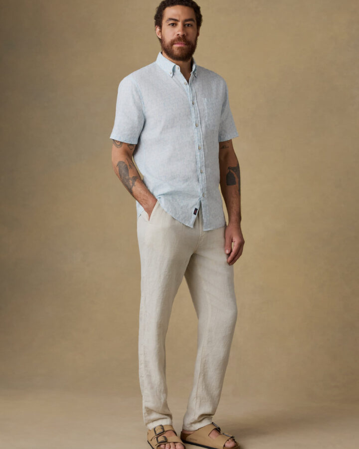Faherty Linen Drawstring Pants in Weathered Sand front full body