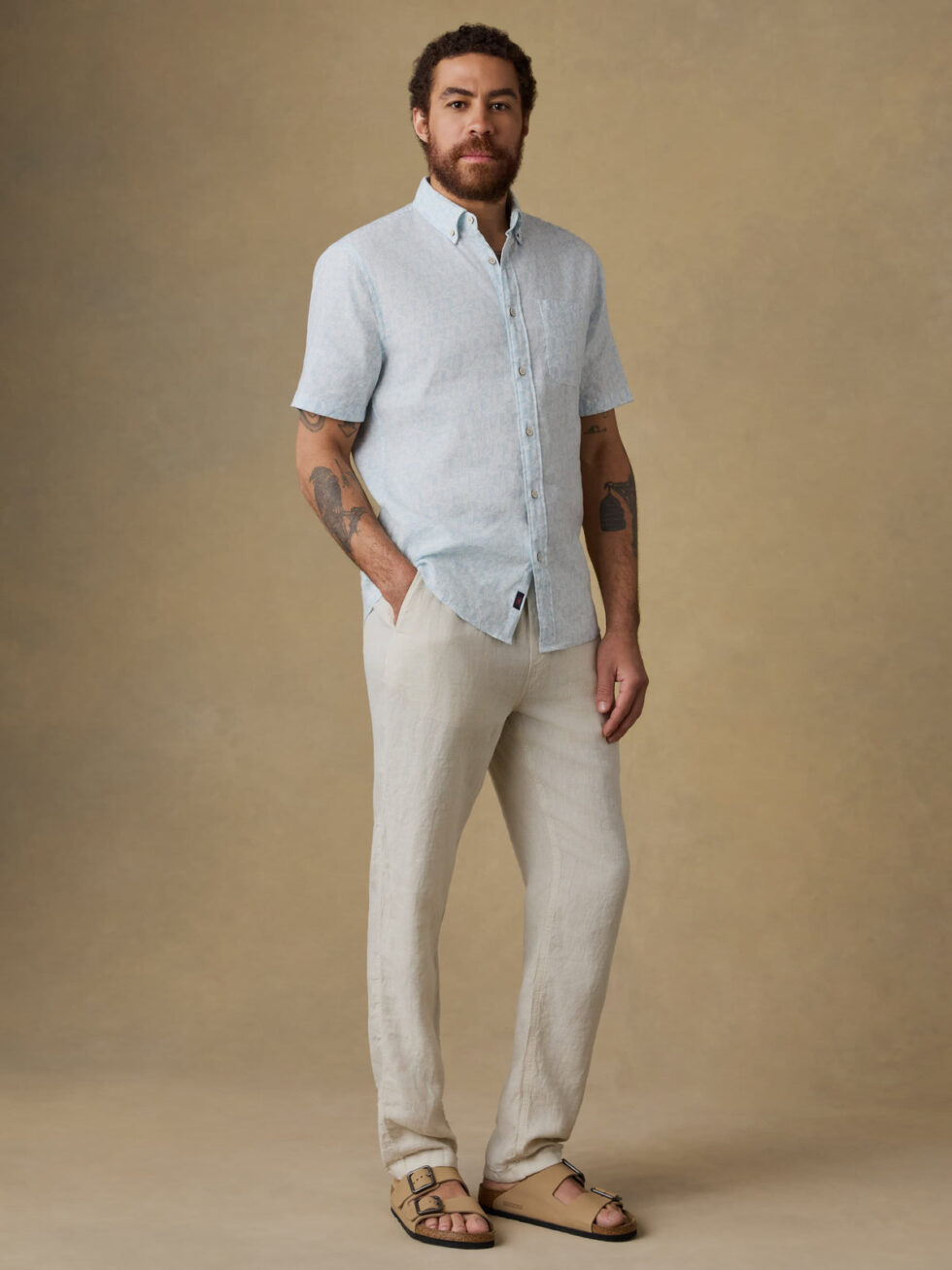 Faherty Linen Drawstring Pants in Weathered Sand front full body