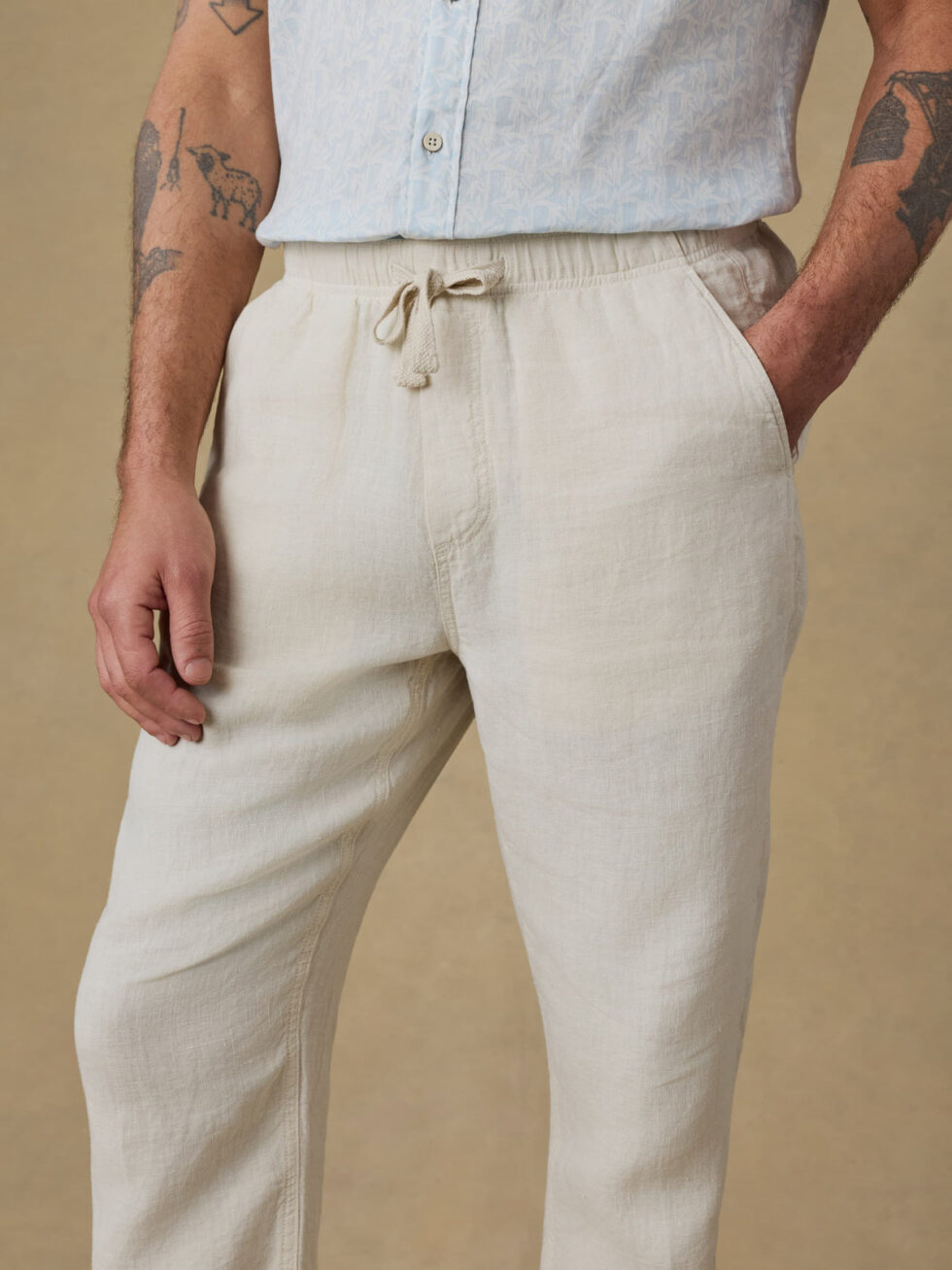 Faherty Linen Drawstring Pants Weathered Sand fabric detail
