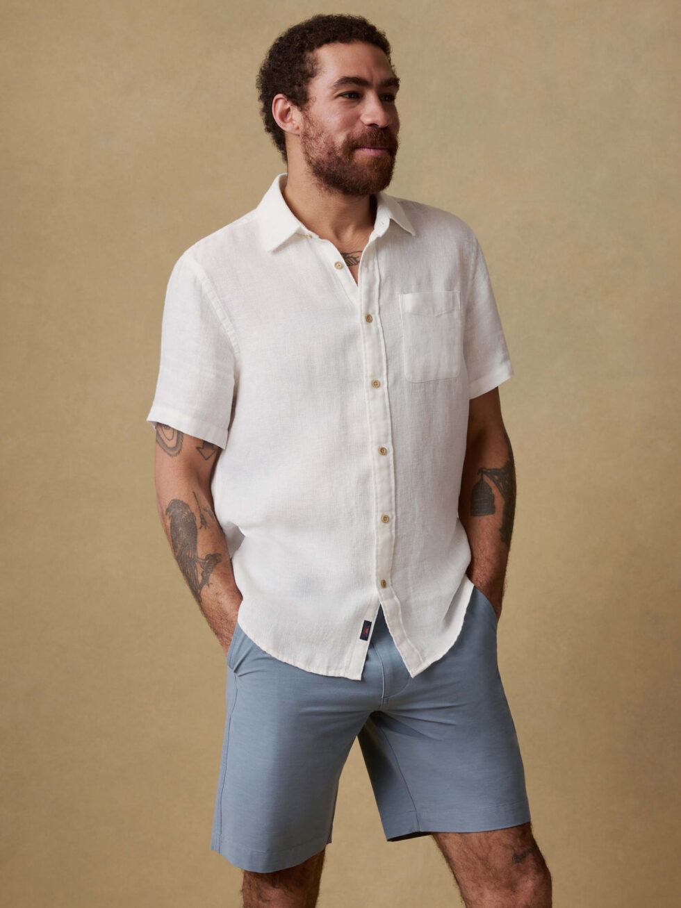 Faherty Palma Linen Shirt in Bright White Basketweave front full body