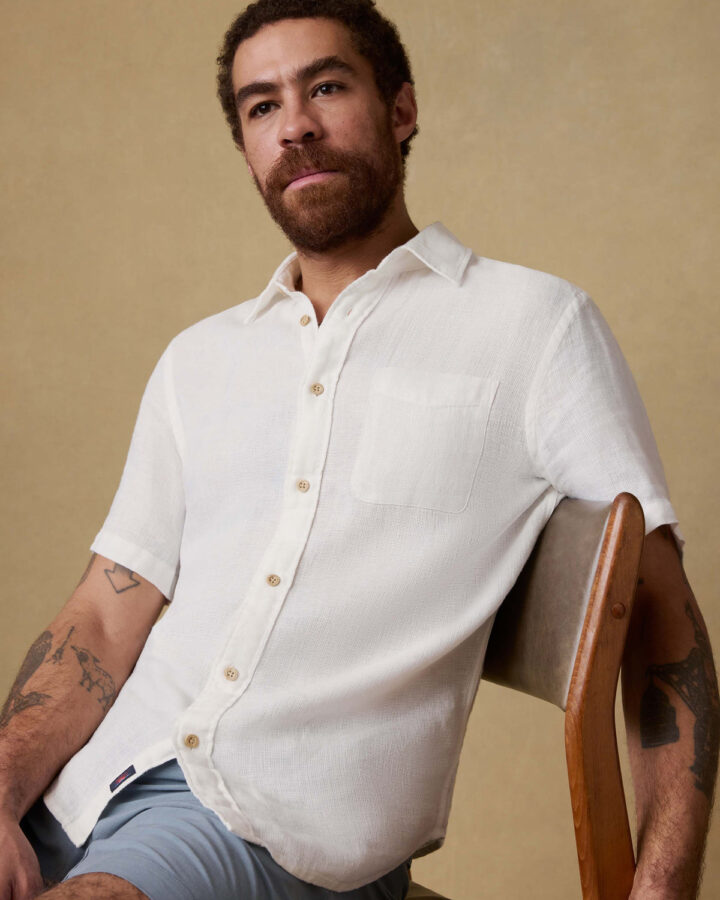 Faherty Palma Linen Shirt Bright White Basketweave detail