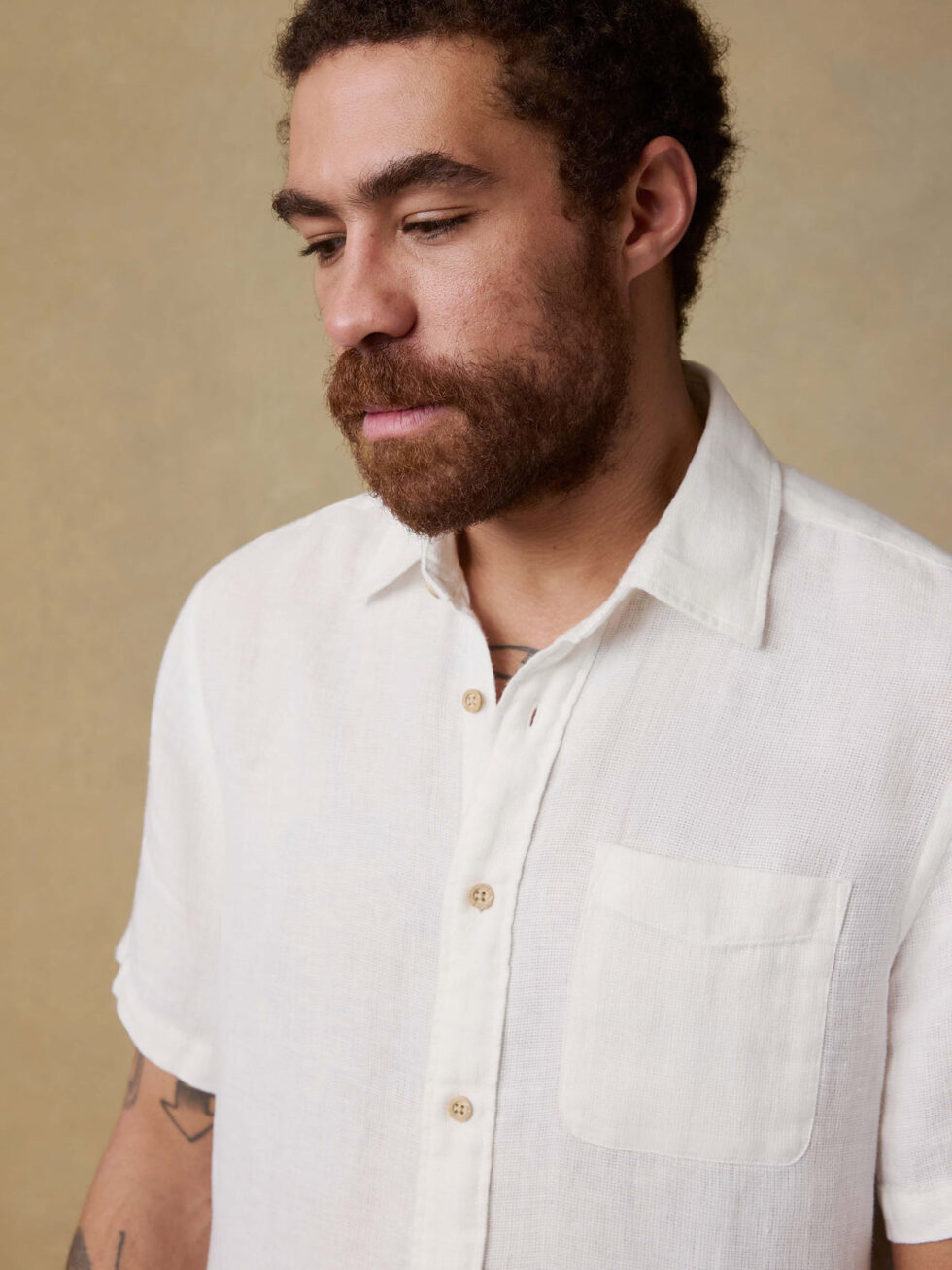 Faherty Palma Linen Shirt Bright White Basketweave weave detail